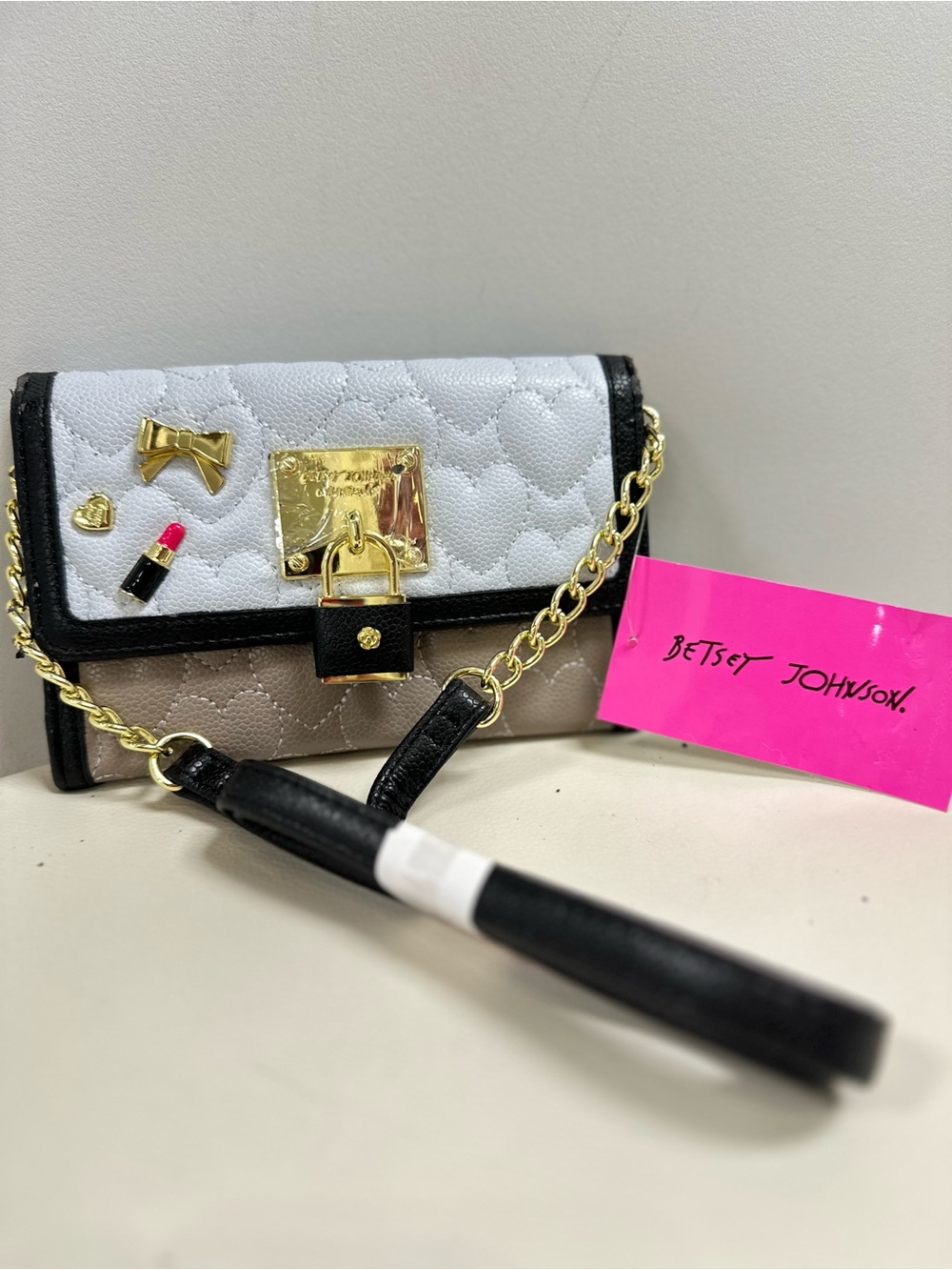Betsey Johnson White, Black & Beige Quilted Chain Strap Crossbody